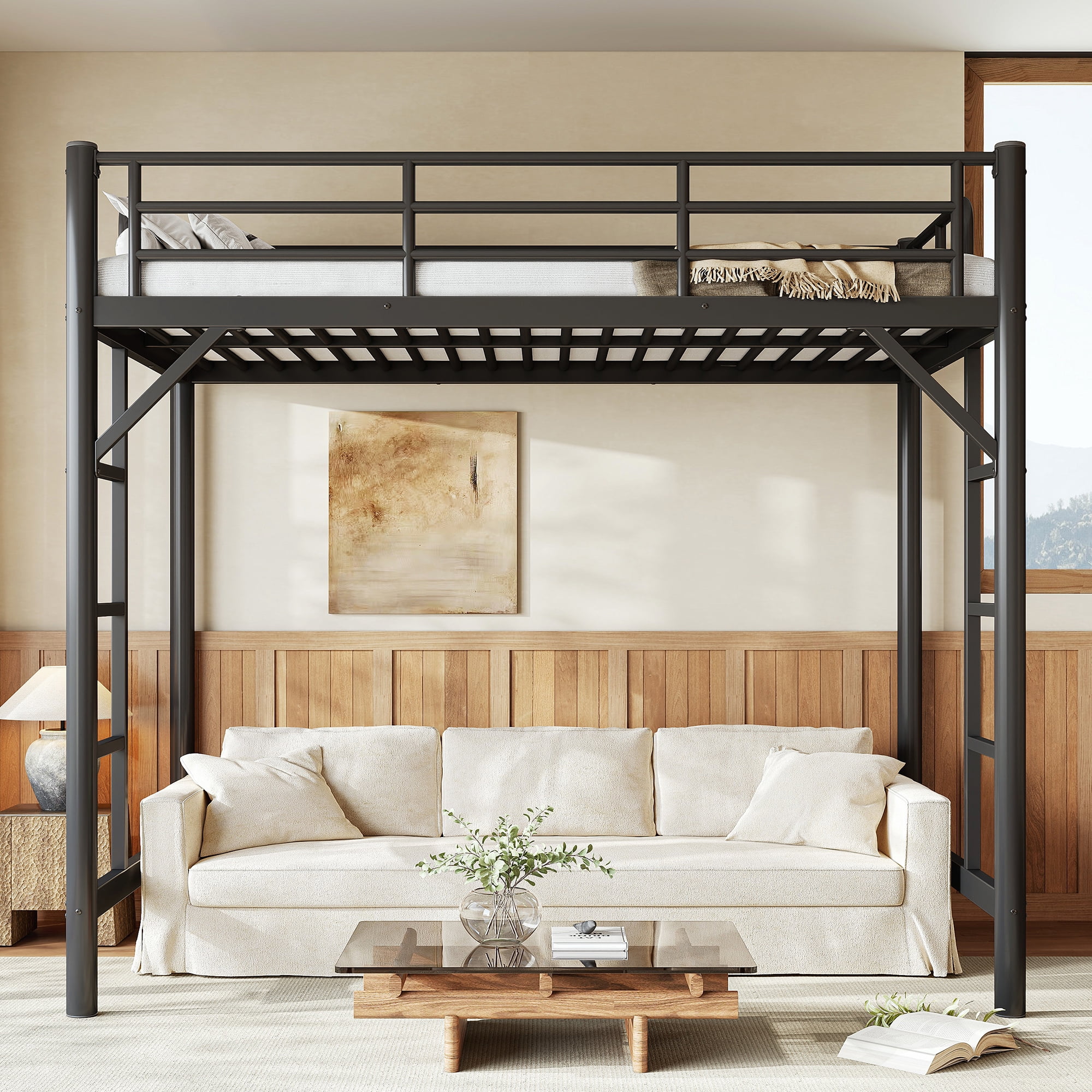Leumius Twin Size Metal Loft Bed,Heavy Duty Metal Bed Frame with 2 Ladders and Full-Length Guardrail,Sturdy Steel Slats Support,