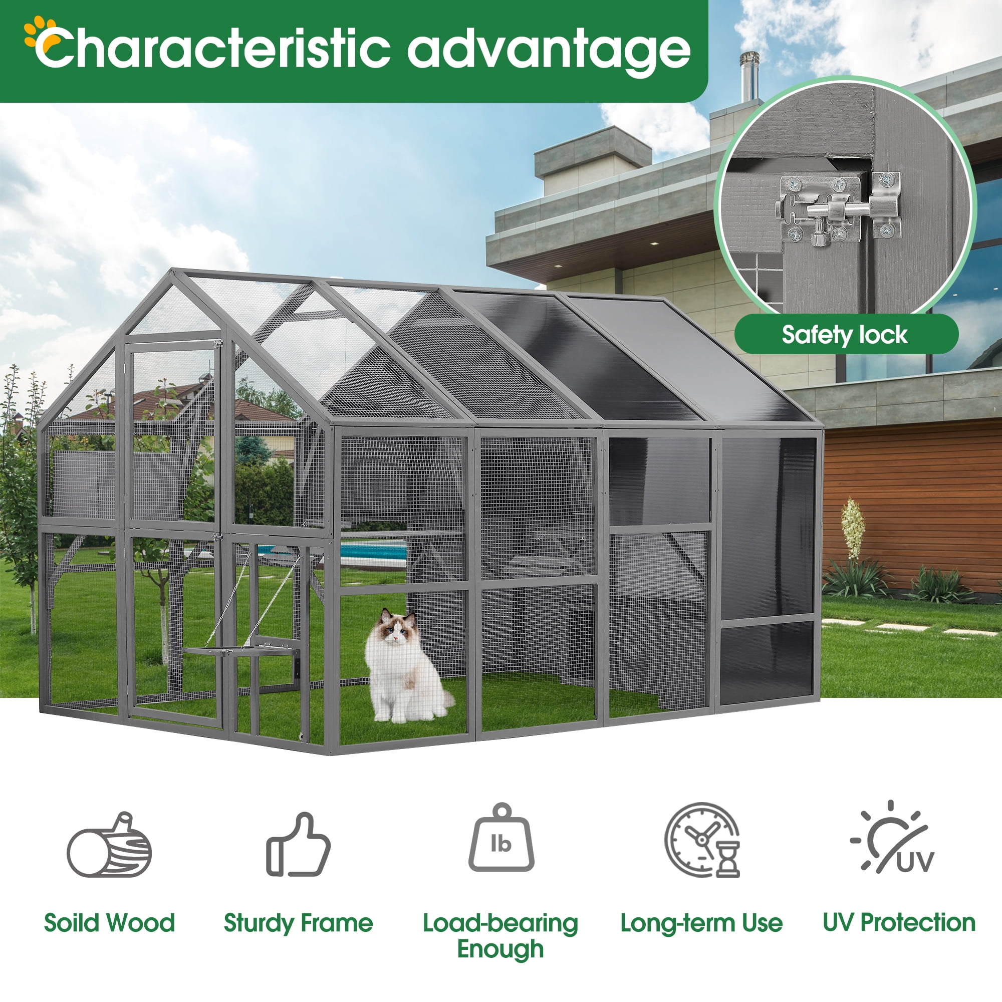 Pefilos 108.7" Large Outdoor Cat Cage, Wood Catio Enclosure for Multiple Kitten, Cat Shelter with Bouncy Bridge, Platforms, Small Cat Houses, Sunshine Panel, Gray Pefilos 108.7" Large Outdoor Cat Cage, Wood Catio Enclosure for Multiple Kitten, Cat Shelter with Bouncy Bridge, Platforms, Small Cat Houses, Sunshine Panel, Gray