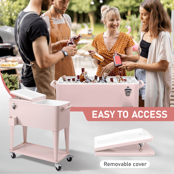 Alvantor 80 QT Patio Rolling Cooler Cart with Shelf, Bottle Opener and Lockable Wheels, Pink