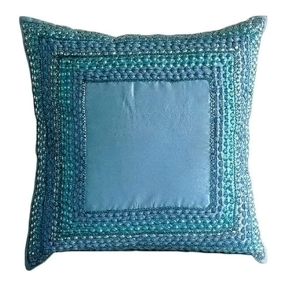 Cushion Cover, Aqua Blue Decorative Pillow Covers 16x16 inch (40x40 cm), Silk Accent Throw Pillows, Bordered, Sequin Embellished, Modern Pillow Covers For Couch - Blue Celebrations