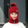 thumbnail image 6 of Bibifish Womens Red Knit Trapper Hat Pom-Pom & Zipper Mask Warm Soft One-Piece Casual Winter Outdoor Cold-Weather Protective Hat, 6 of 7
