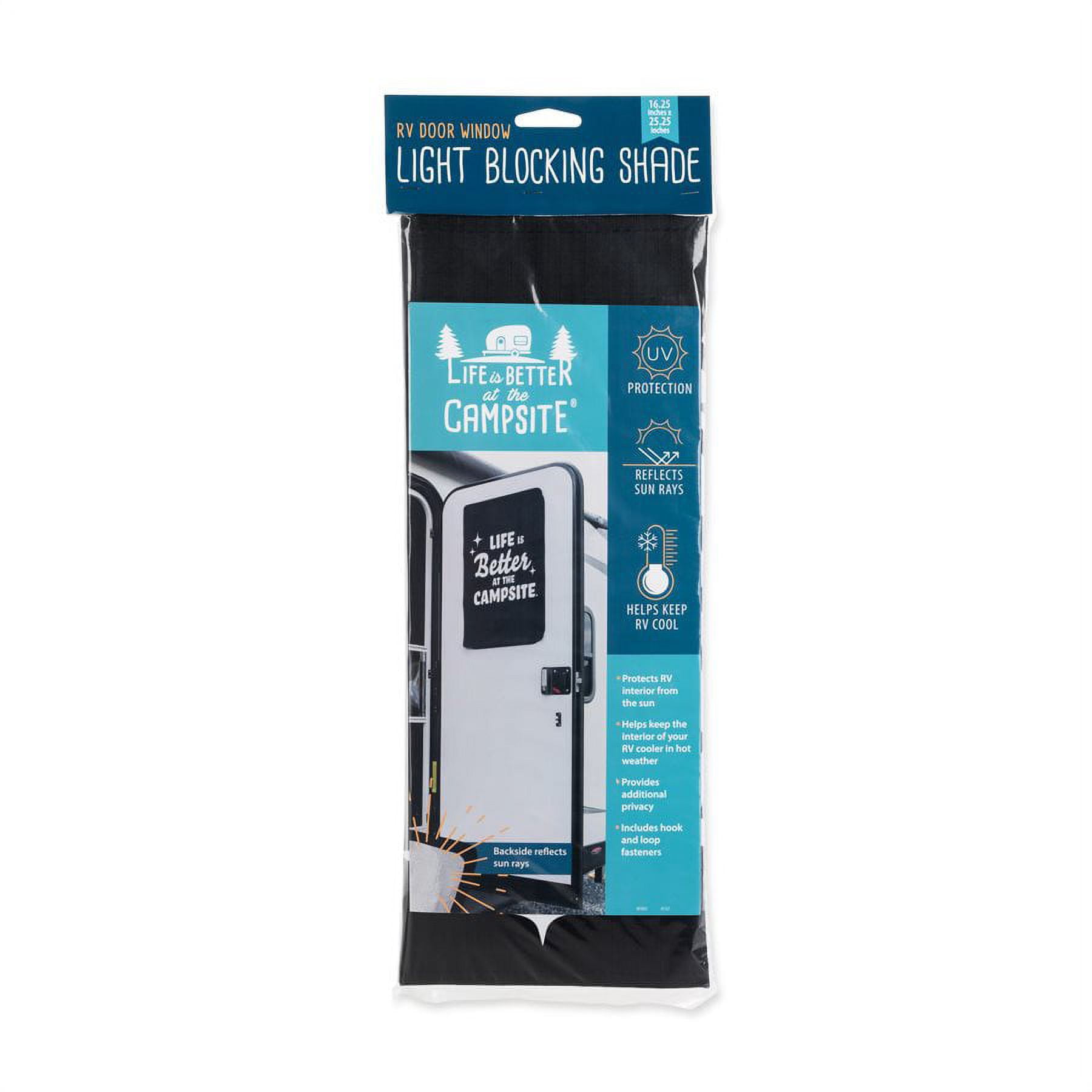 Camco Life Is Better at the Campsite Camper/RV Door Window Light Blocking Shade | Black with Retro Stars and White Text, 25.25" x 16.25" (53051)
