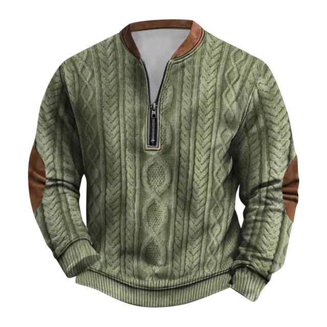 Tricot pour Hommes à Fermeture Éclair Manches Longues Imprimé Sans Col Chandail en Molleton Décontracté