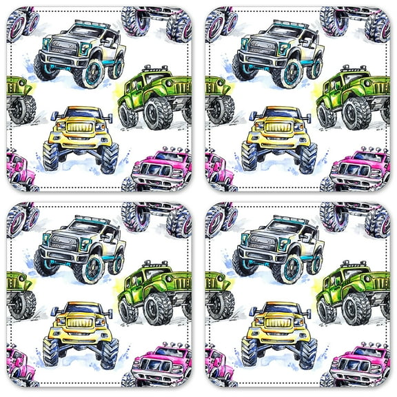Vinyl Drink Coasters - Set of 4 - Monster Trucks Watercolor
