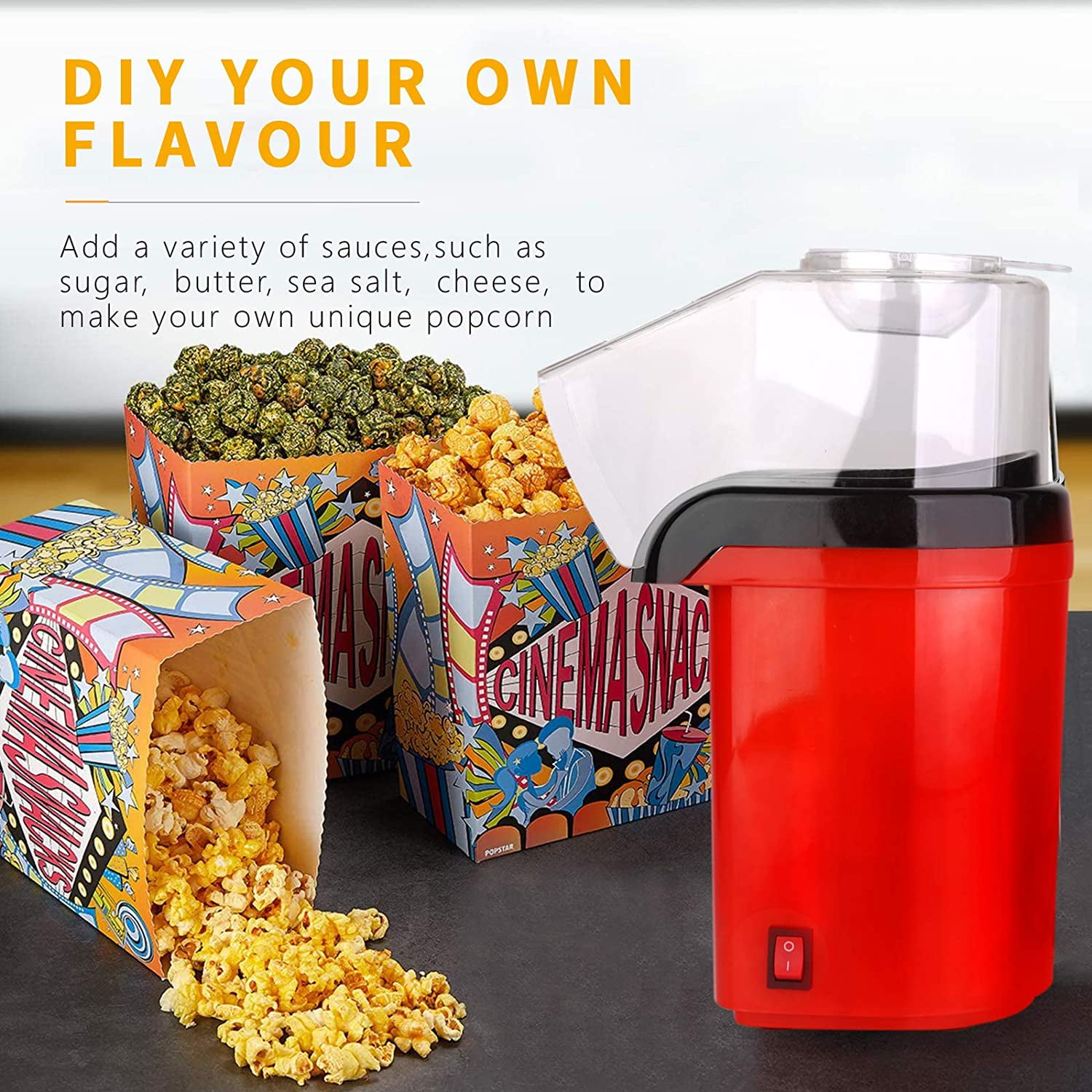 White Popcorn Machine 1200W Hot Air Popcorn Popper Electric Maker for Home with On Off Switch No Oil Needed 
