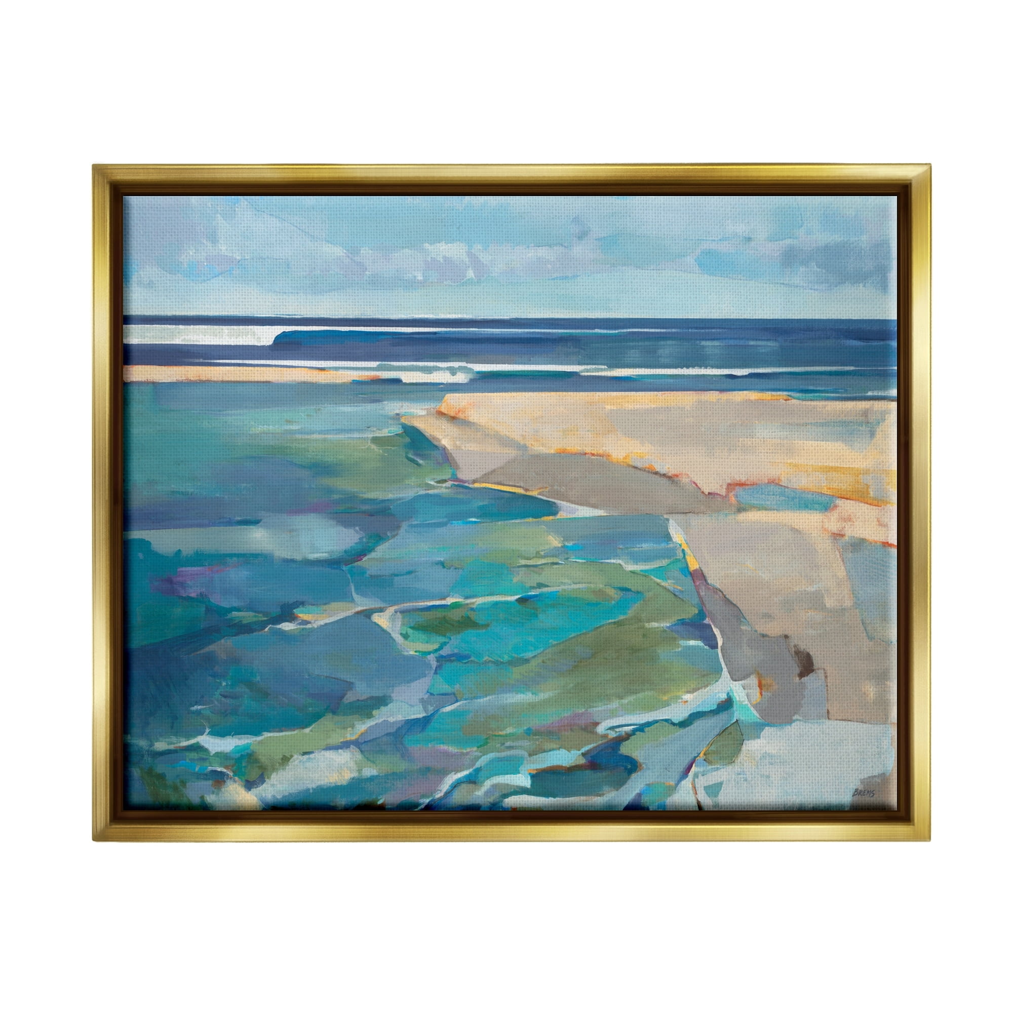 Stupell Industries Abstract Beach Landscape Pastel Cubism Painting Metallic Gold Framed Floating Canvas Wall Art, 16x20, by Third and Wall