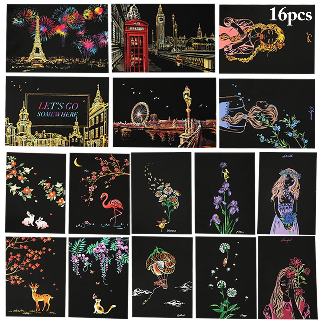 16PCS Scratch Paper Creative DIY Scratch Art Paper Scratch Art Pad with ...