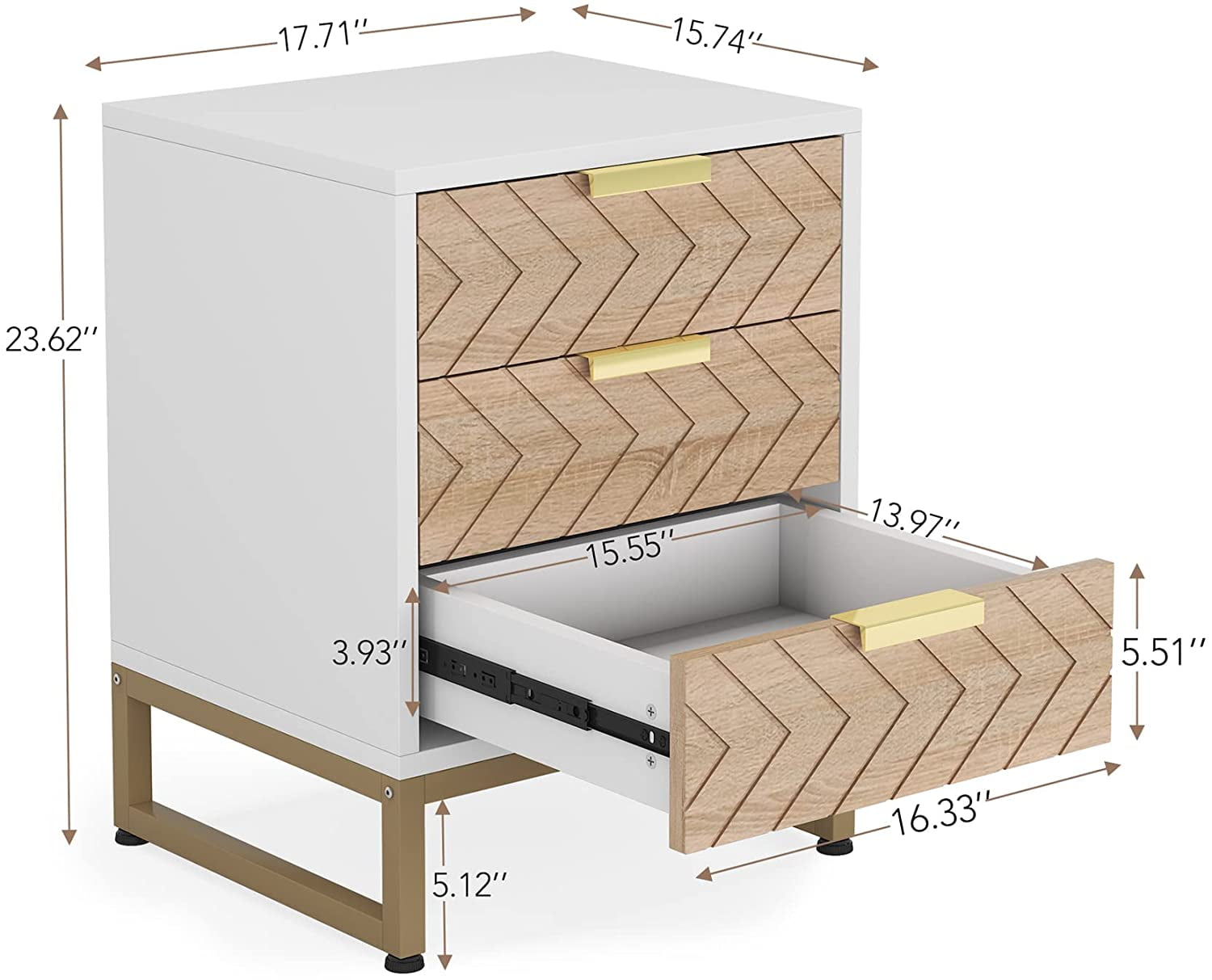 Tribesigns 3 Drawers Nightstand Set of 2, Modern Bedside Table with Unique Chevron Design for Bedroom (White & Wood Color)