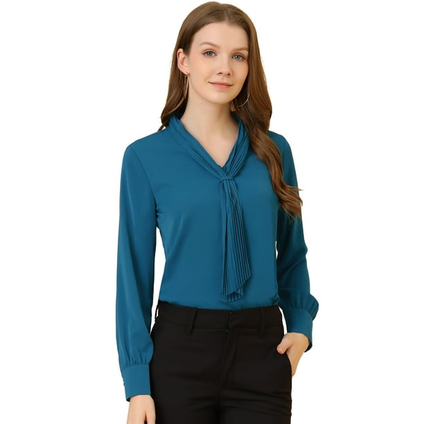 Blusa Elegante De Oficina De Trabajo Para Mujer, Camisa Plisada Con Cuello De Lazo Y Manga Larga Azul eléctrico L