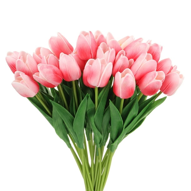 Uxcell 24Pcs Tulipanes Falsos Flores Artificiales, Tulipanes Artificiales de PU que Lucen Reales con Tallos, Rosa profundo