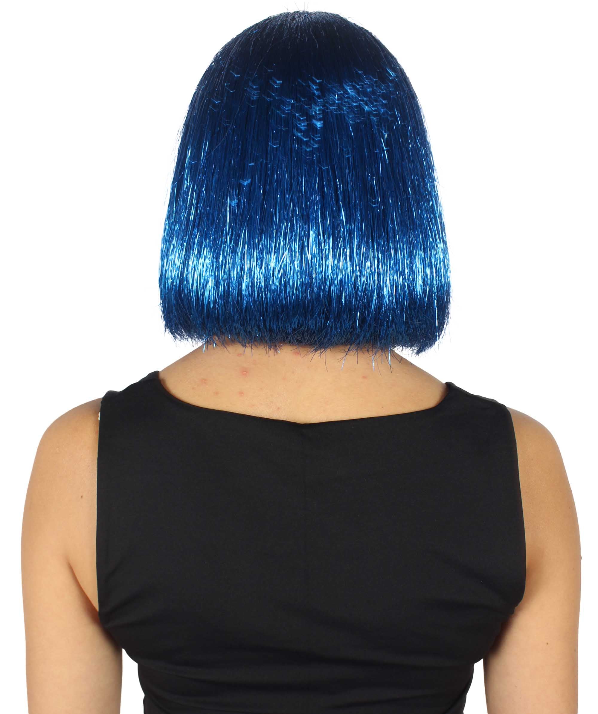 HPO Adult Women's Blue Tinsel Bob Wig - Breathable Capless Costume for Festival & Party