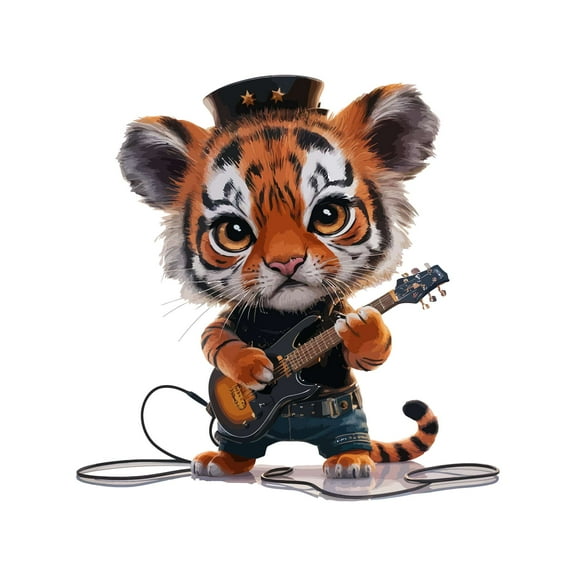 Cute Cartoon Tiger Playing Guitar Animals Wall Art Sticker Designs Vinyl Stickers For Home House Walls Rooms Windows Bedroom Decoration Size (26x26 inch)