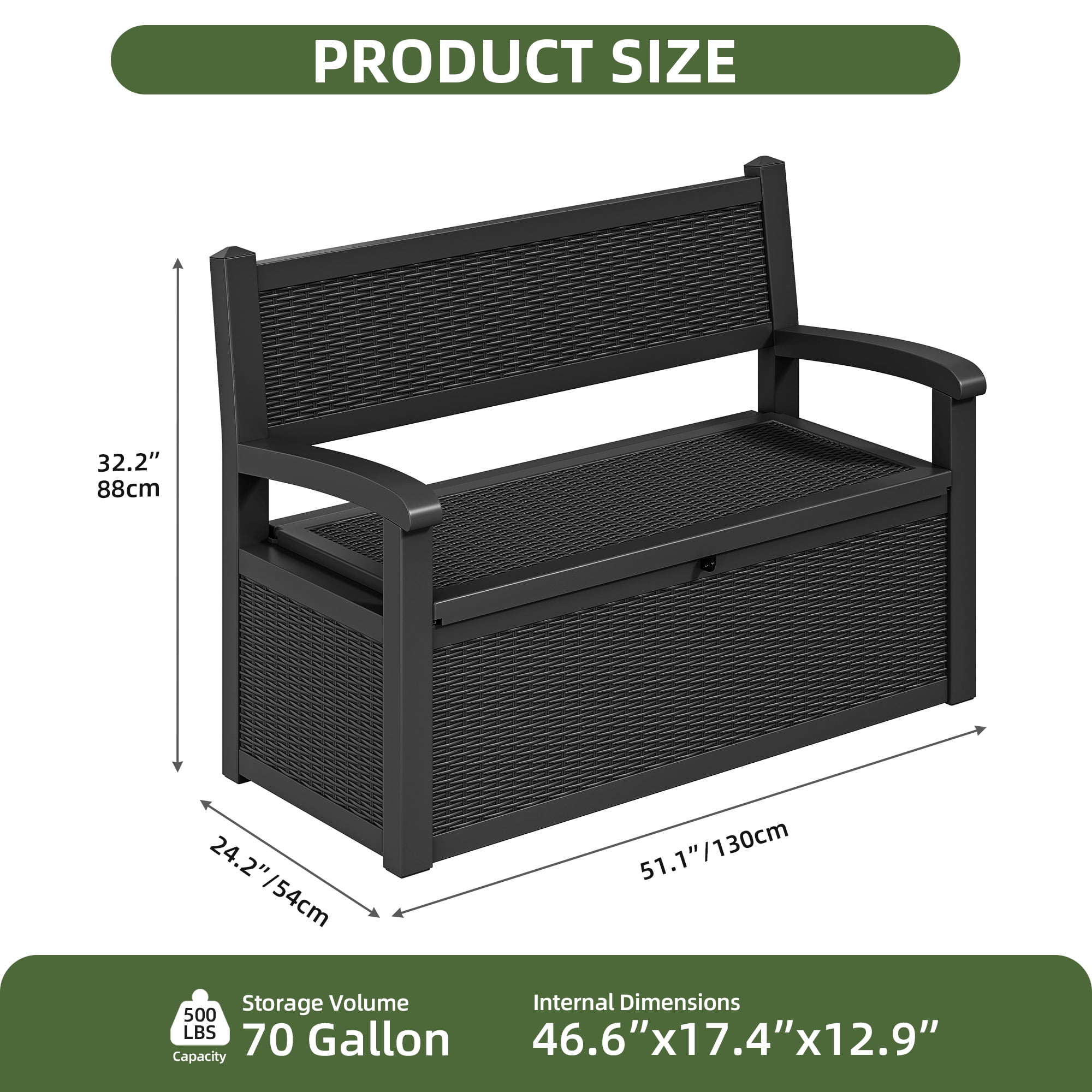 Uforic 70 Gallon Outdoor Resin Deck Bench, Waterproof & Lockable Storage Box  Bench with Armrests for Garden Patio, Black
