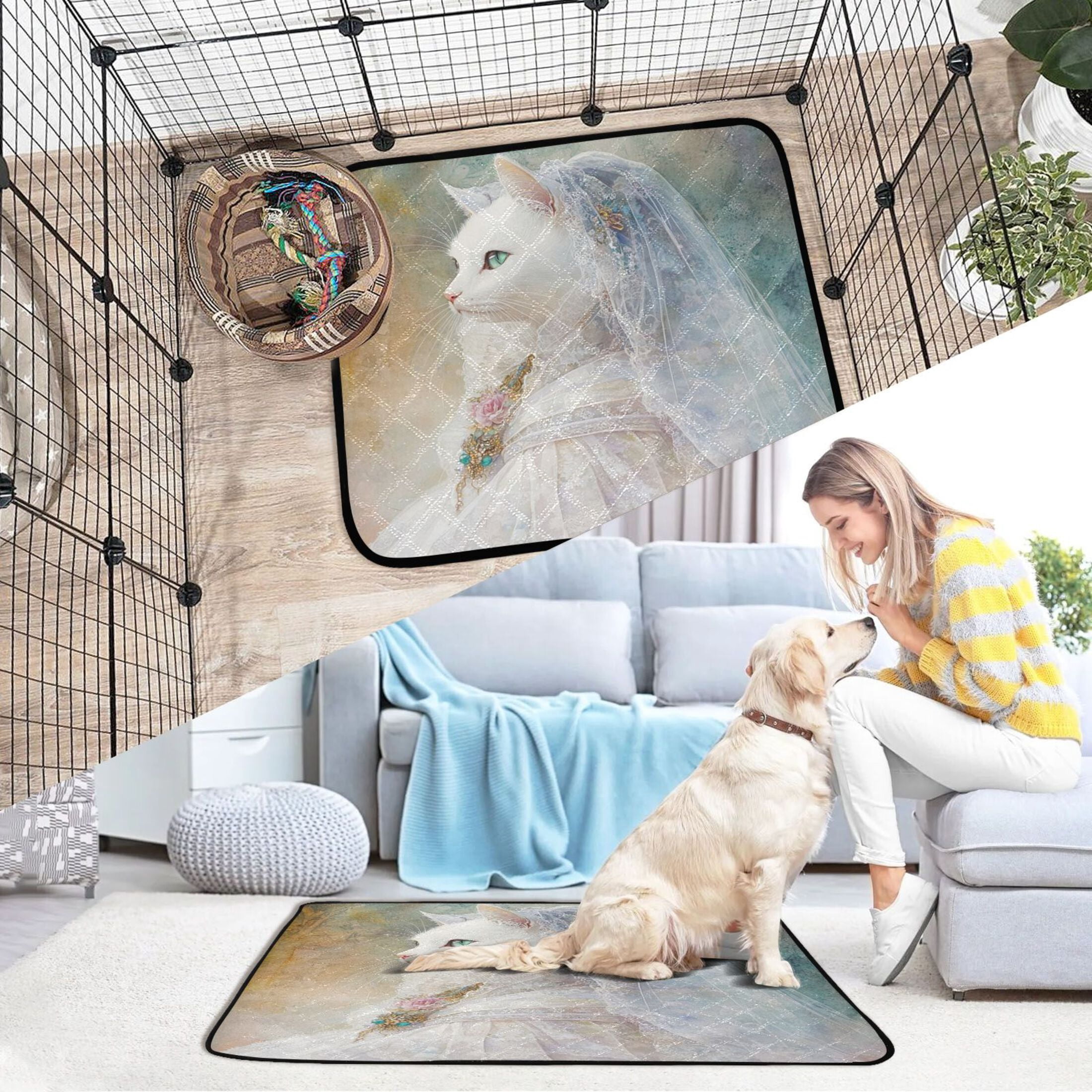 Qxltty Wedding White Cat Cat litter Pads Pet Set of 2 Diaper Mats Center Anti-leakage Layer Absorbent Soft and Comfortable