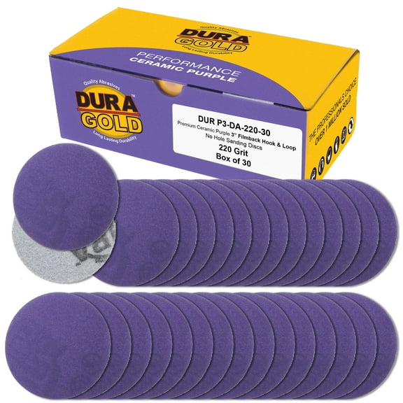 Dura-Gold Premium 220 Grit 3" Purple Film Ceramic Sanding Discs, Box of 30 - Hook & Loop Backing Sandpaper for DA Sander, Drill, Grinder, Rotary Tool - Sand Auto Body Paint, Metal, Wood, Woodworking