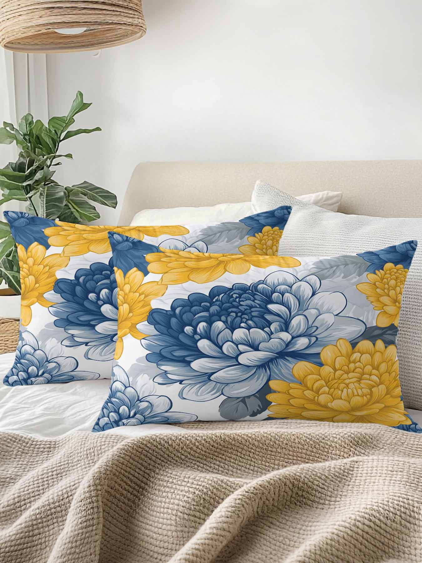 Outdoor Pillows Waterproof, Blue Yellow Spring Floral Bedding Throw Pillows with Insert for Couch Sofa Bed, Summer Botanical Elegant 12x20 Inch Pillowcases Decorative Camping Patio Pillow Set of 1