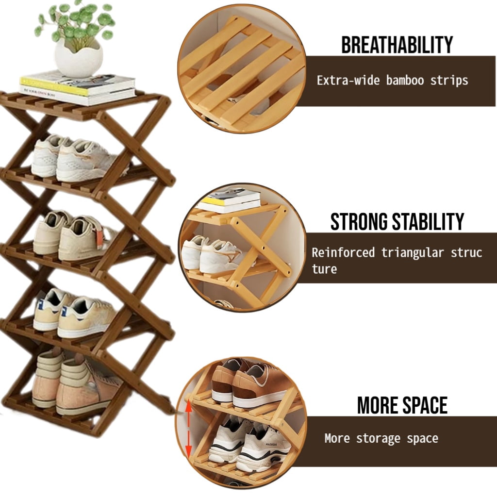 ManyFun  5-Tier Bamboo Shoe Rack for Closet Free Standing Wood Shoe Shelf Storage Organizer for Entryway Small Space Stackable,Brown