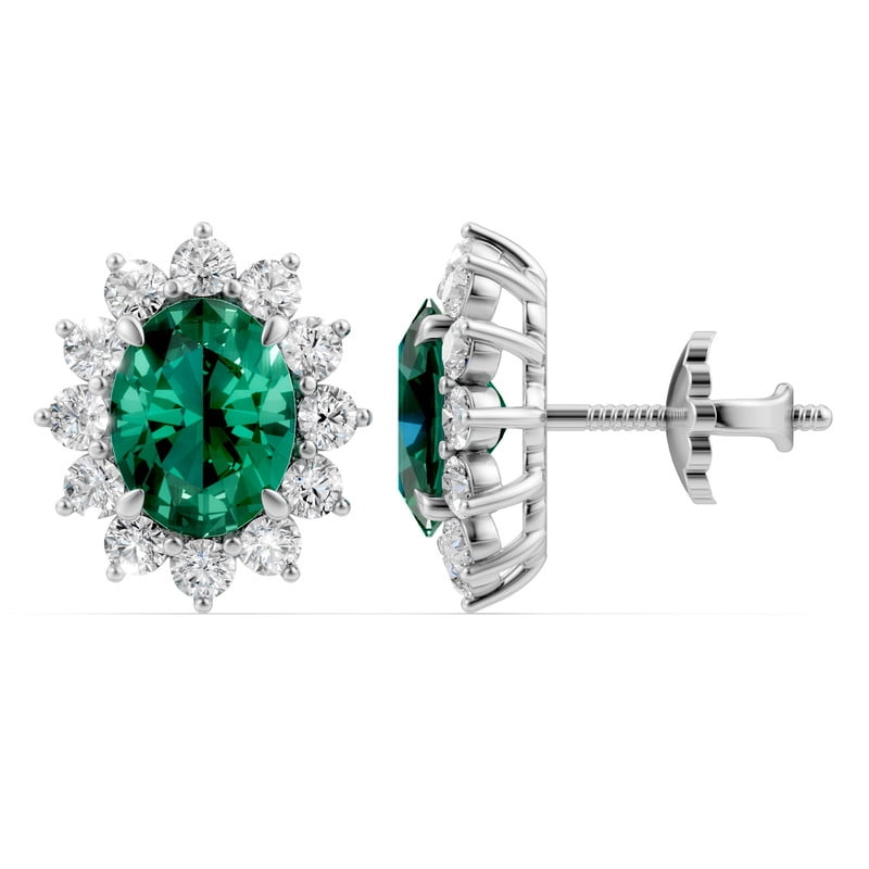 Created Emerald Stud Earrings with Moissanite for Women in 925 Sterling Silver 18K White Gold Plated