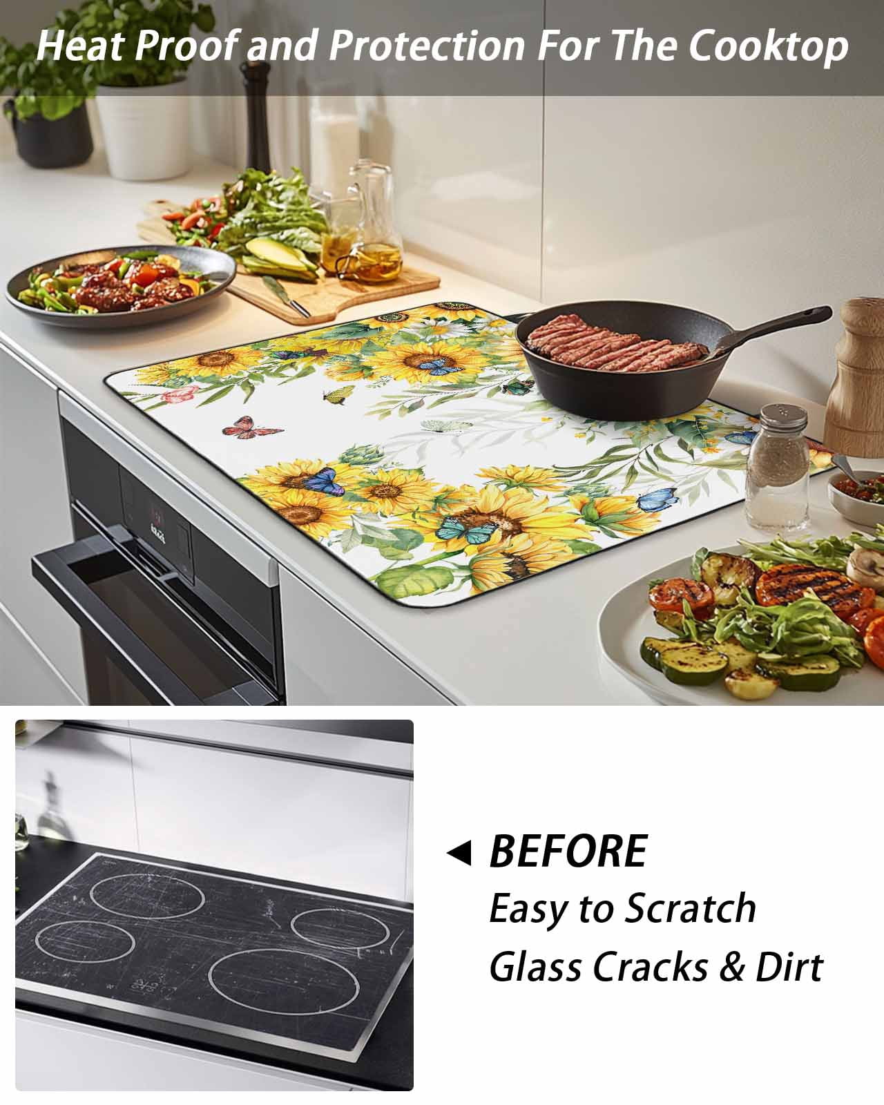 Stove Top Covers for Electric Stove, Sunflower Glass Stovetop Cover Protector, Summer Botanical Butterfly Watercolor Induction Cooktop Protector Oven Mat for Kitchen Countertop 24"x21"