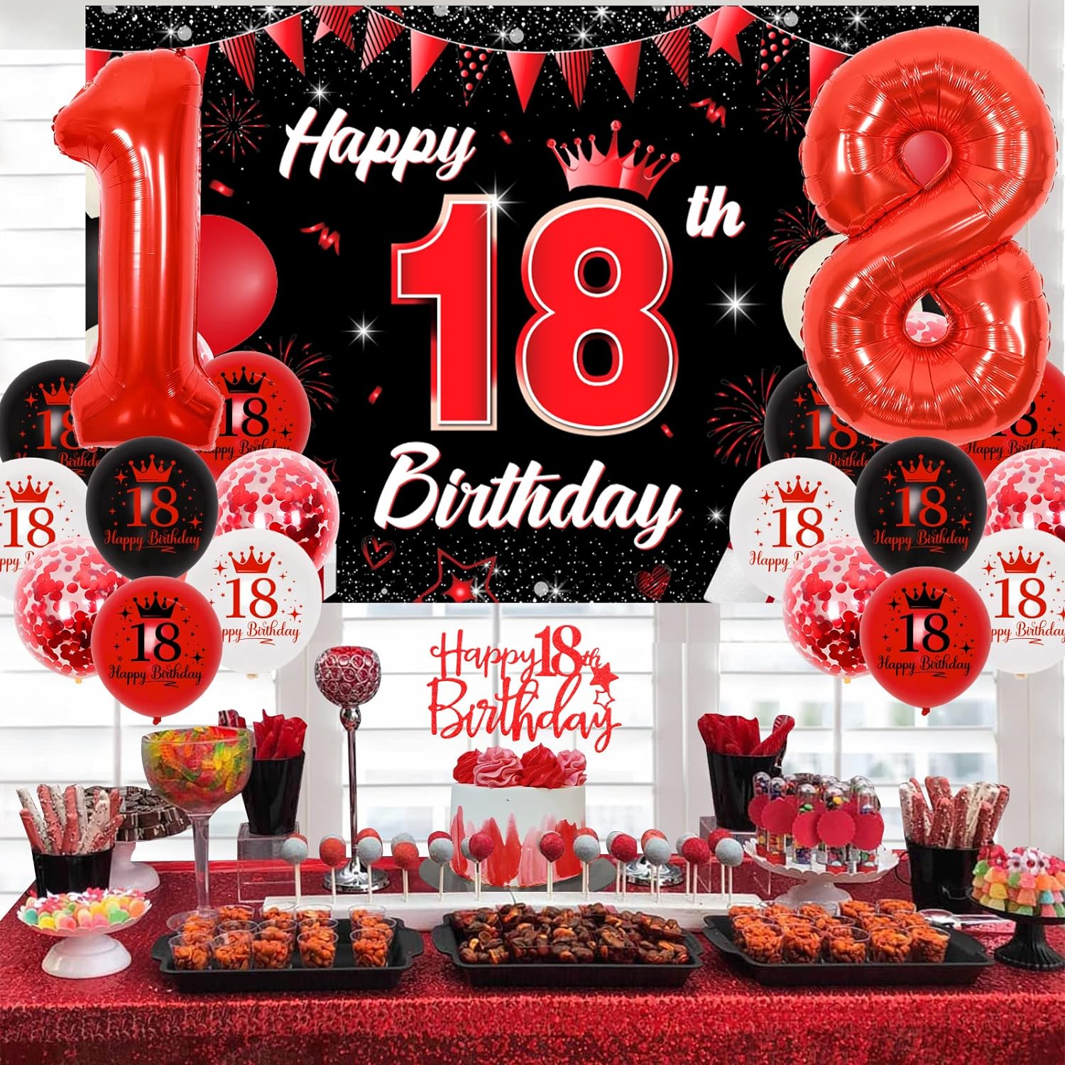 Black and red decorations for boys and girls' 18th birthdays, background for boys and girls' 18th birthday cake and balloons