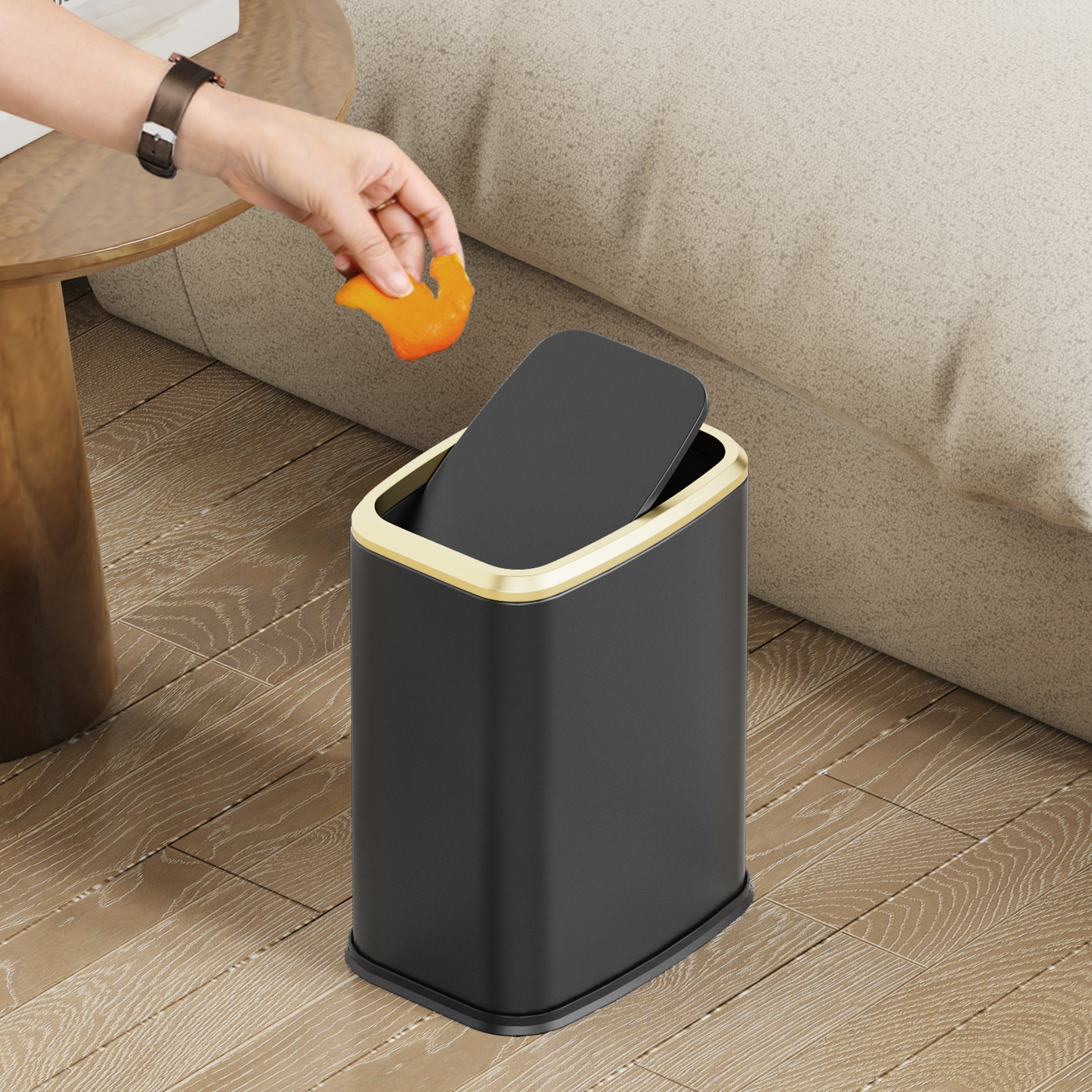 KSSKSS 2.1 Gallon/8L Stainless Steel Bathroom Trash Can with Swing Lid, Silent Garbage Can for Bathroom, Bedroom, Office,Living-Room (Black)