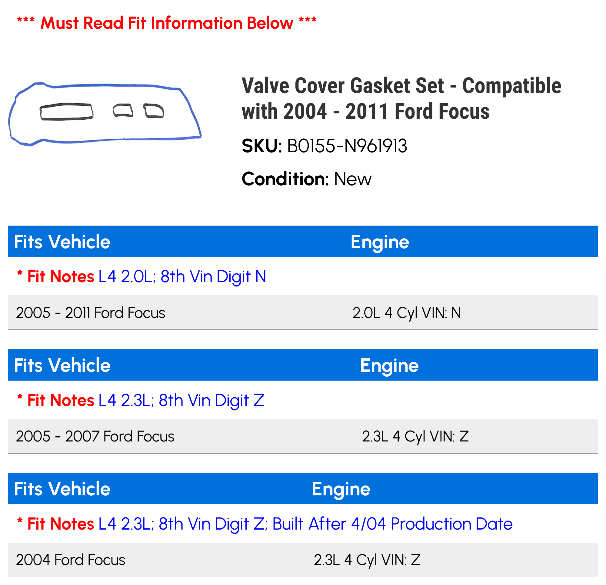 Valve Cover Gasket Set - Compatible with 2004 - 2011 Ford Focus 2005 2006 2007 2008 2009 2010