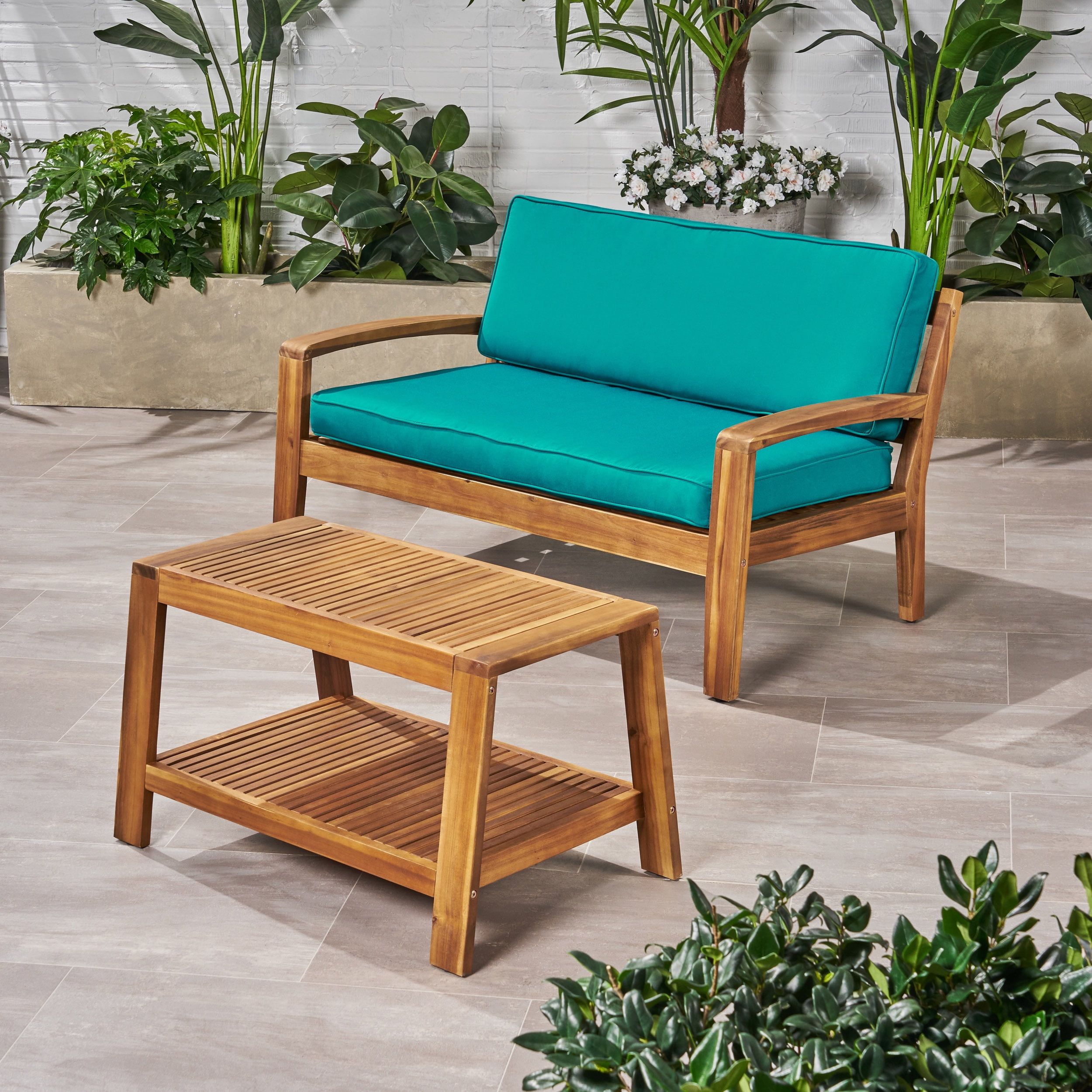 Wilcox Outdoor Acacia Wood Loveseat and Coffee Table Set with Cushions, Teak, Sunbrella Canvas Teal