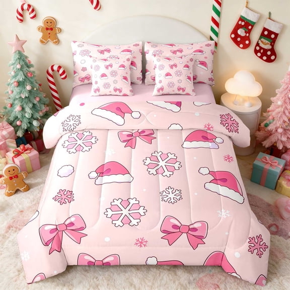 Manfei Santa Hat Twin Bedding 7pcs Holiday Bedding Comforter Set, Olive Cream, Pink Reversible