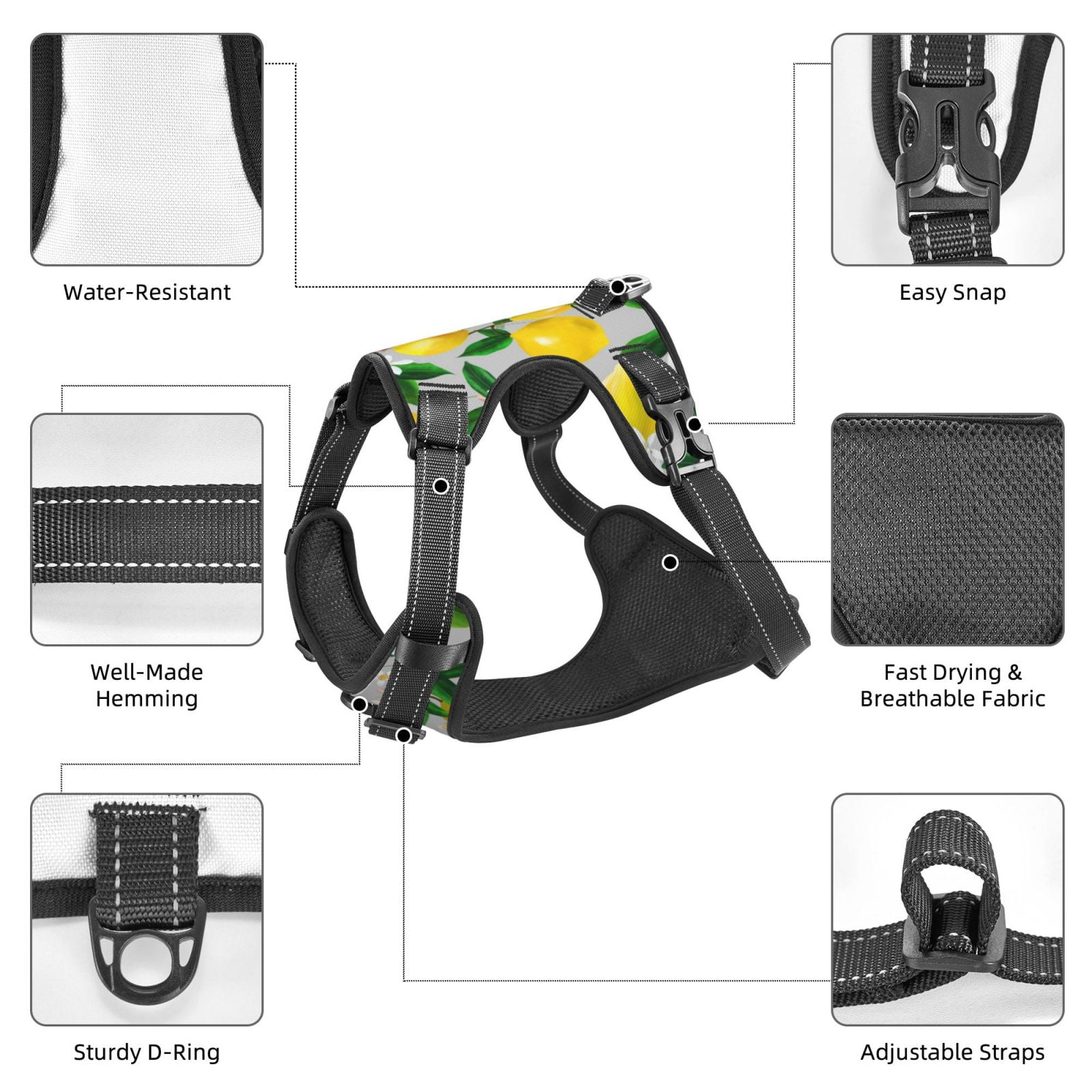 Vsdgher Lemon1 Pattern Dog Harness,No Pull Pet Harness with Soft Padded Handle,Adjustable Reflective Vest with 2 Buckles,4 Slide Buckles,S-XL Small