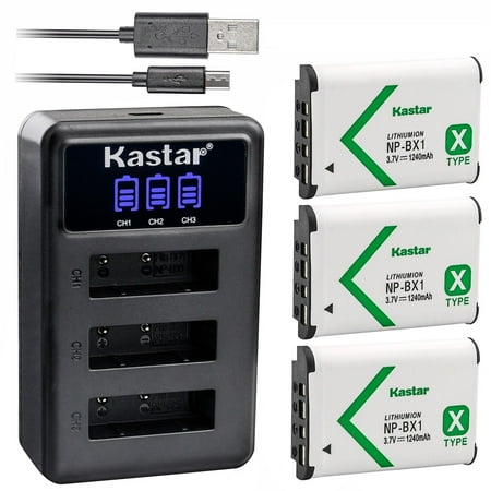 Kastar 3 Pack NP-BX1 Battery and LCD Triple USB Charger Compatible with Sony Cyber-shot DSC-WX500  FDR-X1000V  FDR-X3000  HDR-AS10 HDR-AS100V HDR-AS15 HDR-AS20 HDR-AS200V HDR-AS30 HDR-AS300 Camera