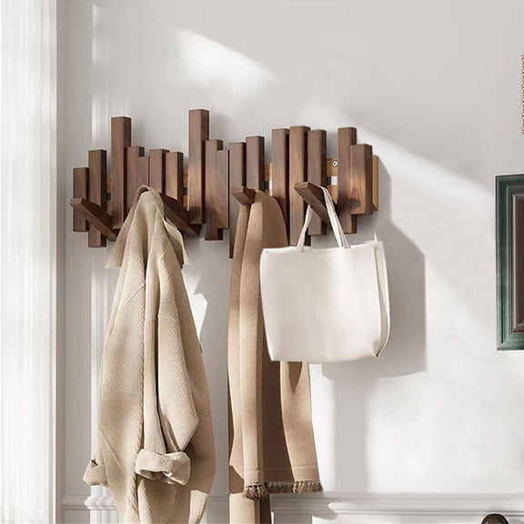 Coat Rack Wall Mount with 6 Flip Down Hooks, Wooden Wall Mounted Coat Hook Rack, Walnut Entryway Coat Hanger for Jackets, Hats, Bags, Towels, Punch or Punch-Free Installation, 16.1 x 8.2 In