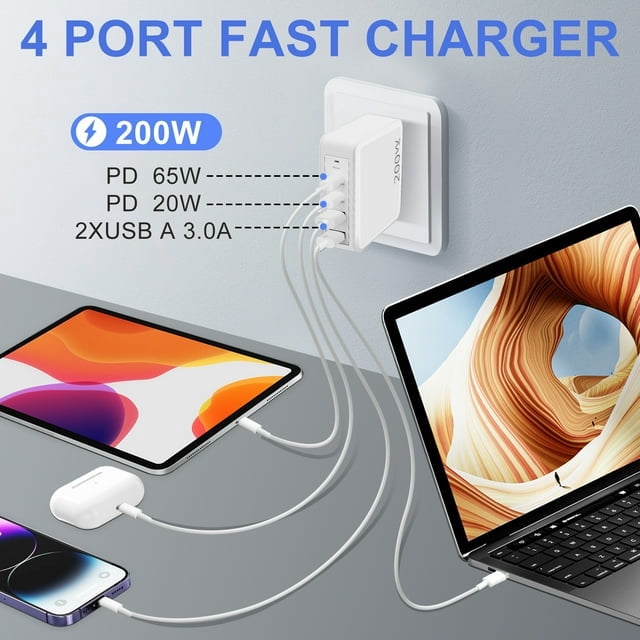 200W 4-Port Fast Charger 85W USB C Charging Adapter 3.1A Dual USB Wall Charger Compatible with , iPad Pro, iPhone, Samsung Galaxy,Include 4 Pack Charge Cable（6.6ft）