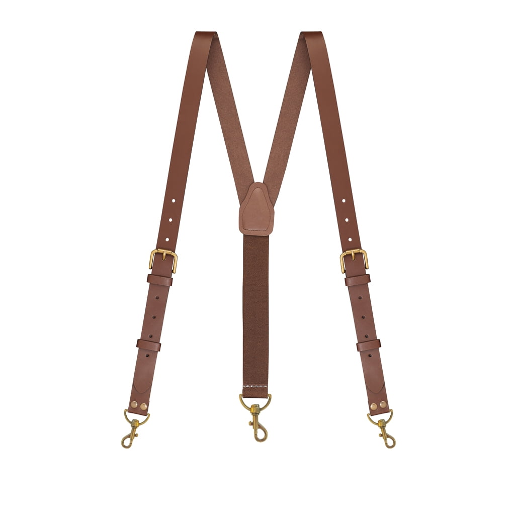 Suspender Store 42 IN Buckle Strap 1 Inch Wide Leather Trigger Snap Suspenders BROWN