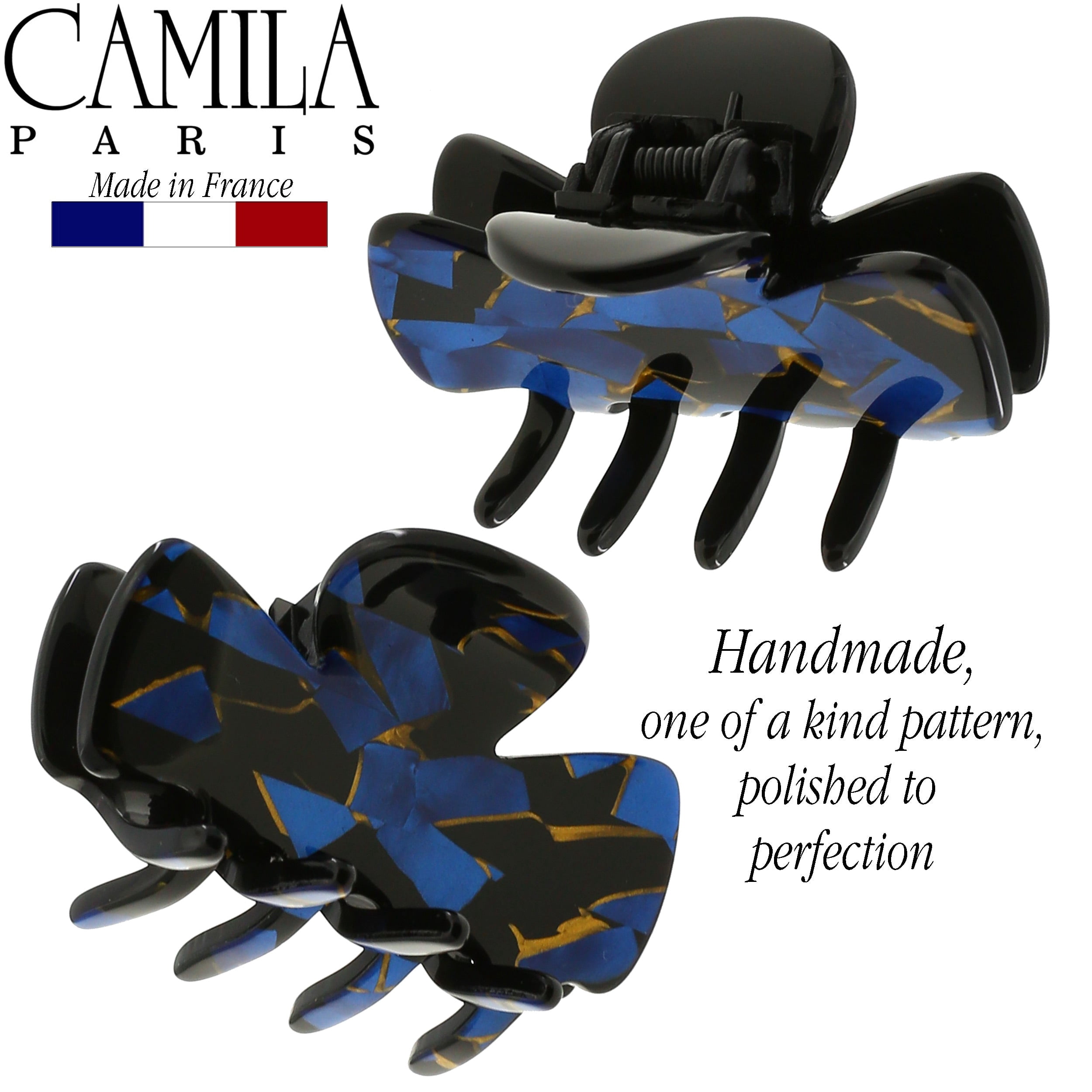 Camila Paris CP3008 French Hair Clip for Women, Small Handmade, Black and Gold, Girls Hair Claw Clips Jaw Fashion Durable Styling Hair Accessories for Women, Strong Hold No Slip Grip, Made in France