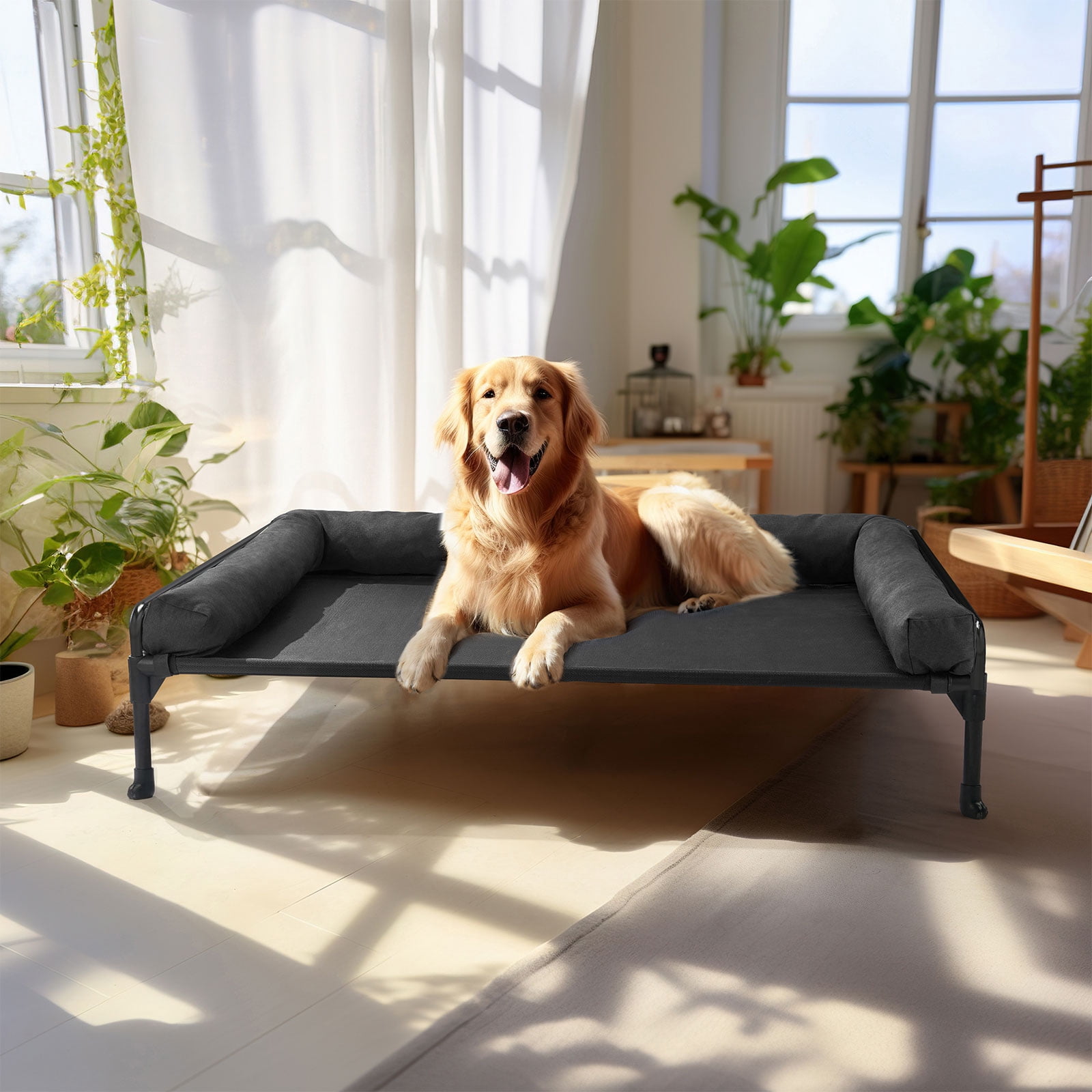 Veehoo Cooling Elevated Dog Bed with Removable Three-Sided Bolster, 35 x 22" Large, Black