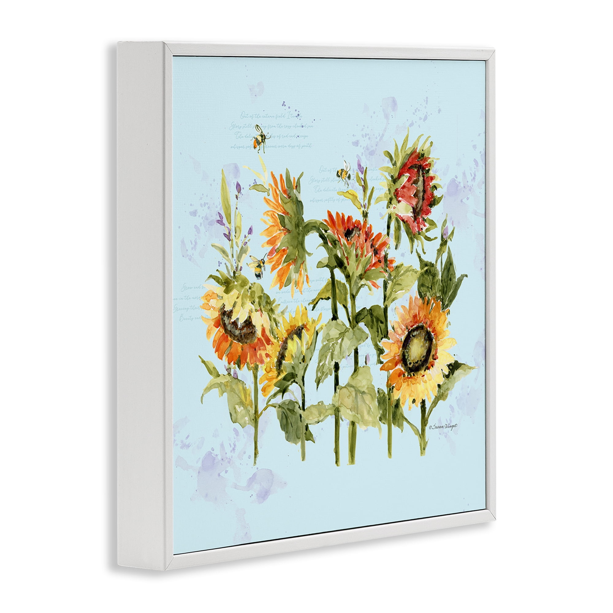 Stupell Industries Sunflowers & Bee on Blue White Framed Giclee Art, design by Susan Winget