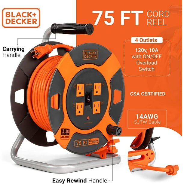 BLACK+DECKER 75 Ft. Retractable Extension Cord Reel with 4 Outlets, Multi-Plug  Extension, Easy Handle Rewind & Heavy-Duty 14AWG SJTW Cable 
