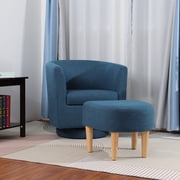 Lohoms Modern Wood Linen Fabric Sponge Solid Print Swivel Armchair with Ottoman and Footstool, Blue