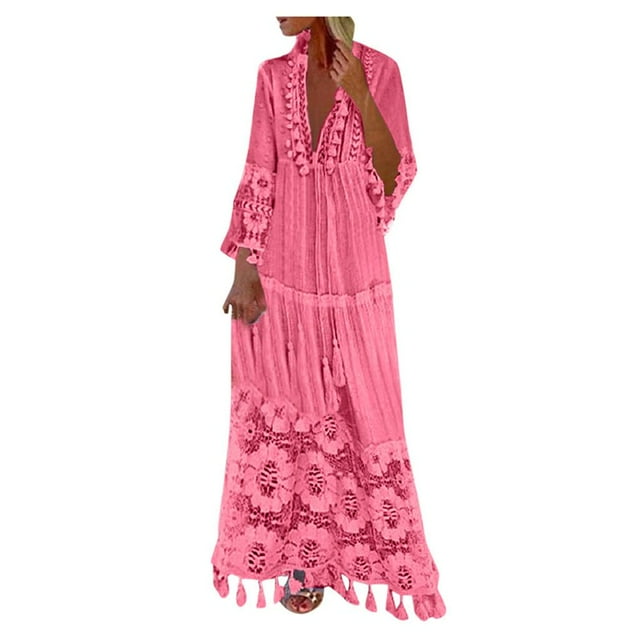JUNWELL Robe Bohème d'Été pour Femmes, Robe Maxi Décontractée Grande Taille, Couleur Unie, Col en V, Robes Soleil, Dentelle à Franges, Longue Robe