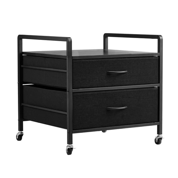 Mini Fridge Stand with Storage, 176 lbs Capacity, Black Metal Frame, 2 Drawers, Mobile Refrigerator Table with Lockable Wheels