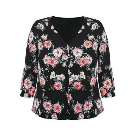 Luxury Cowl Neck Top - Black Floral Womens Plus Size V-Neck Blouse With Bell Sleeves