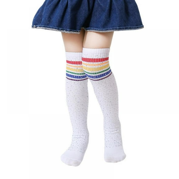Girls Socks Knee High Stockings Rhinestone Striped Socks