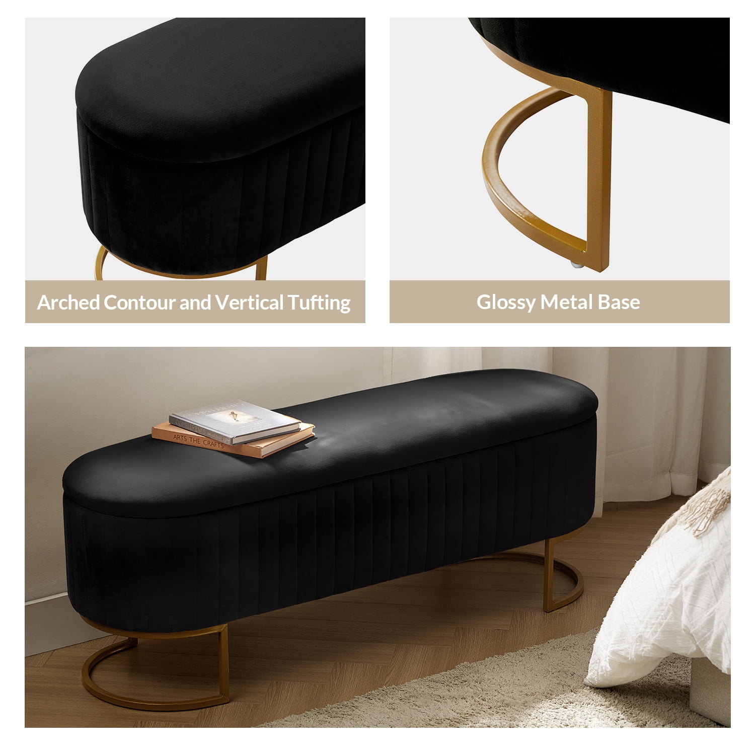 50.5" Upholstered Storage Bench For End of Bed Entryway Bedroom Ottoman Black