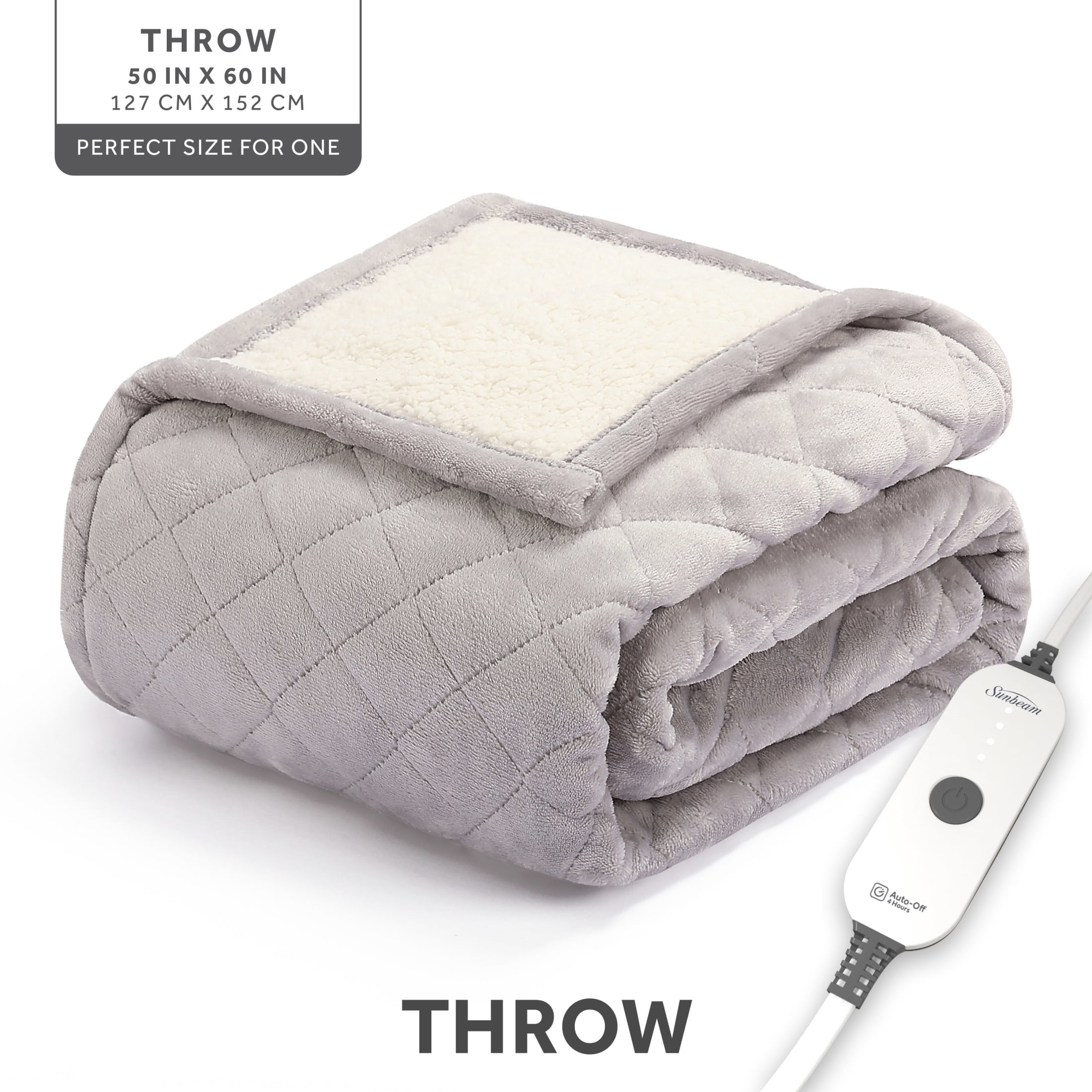 Sunbeam Heated Throw Blanket Quilted Velvet Reverse Sherpa Dove Gray 4 Heat Settings 4 Hour Auto Shut Off 50"x60"