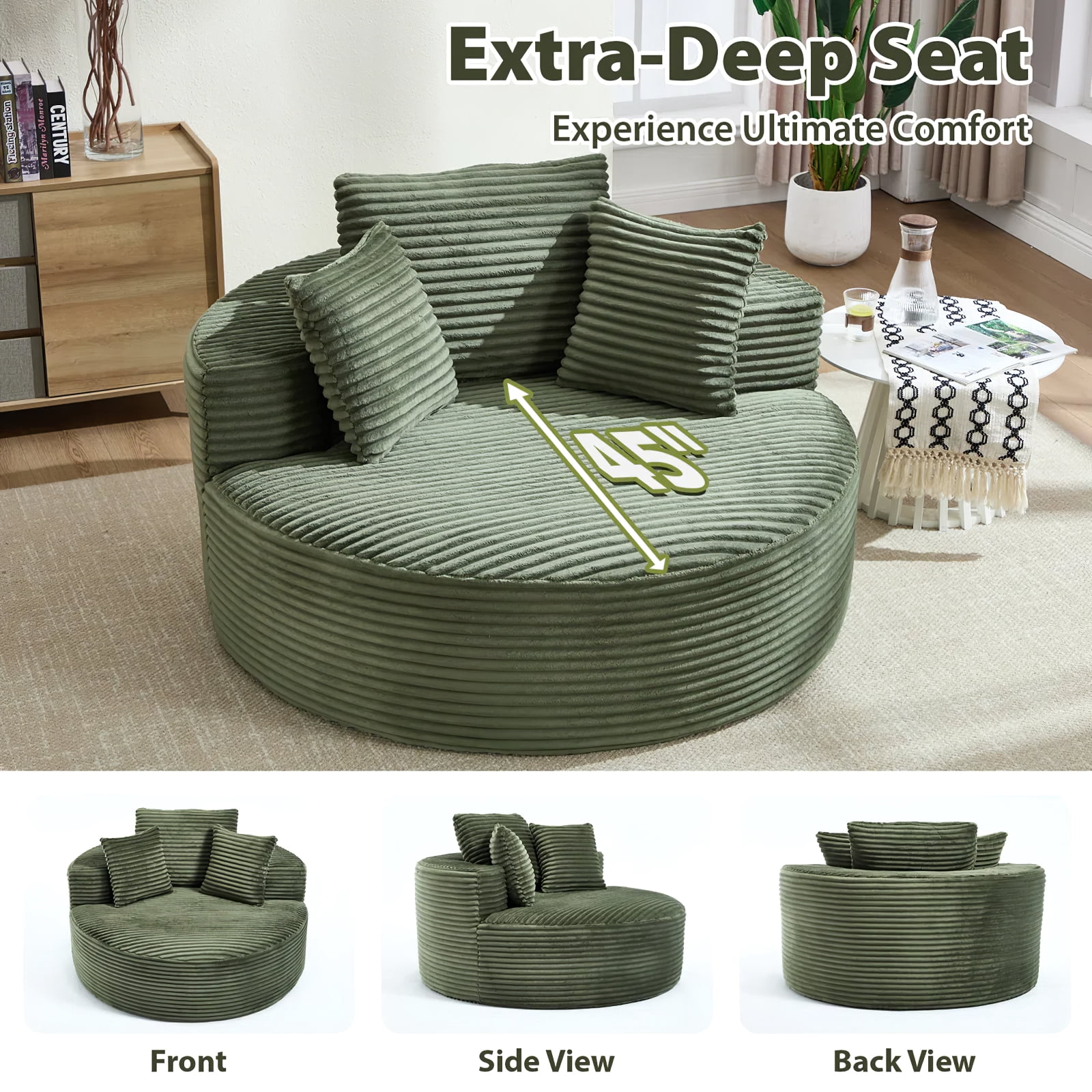 Aukfa Oversized Round Chaise Longue Chair Indoor, 56-inch Upholstered Corduroy Deep Seat Circle Cloud Sofa Chair, Green