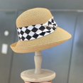 thumbnail image 1 of Sombrero de paja estilo Hepburn para mujer, sombrero de paja estilo Hepburn, Vintage, elegante, a cuadros, con diseño de lado ancho, protección UV, flexible, para vacaciones en la playa, 1 of 4