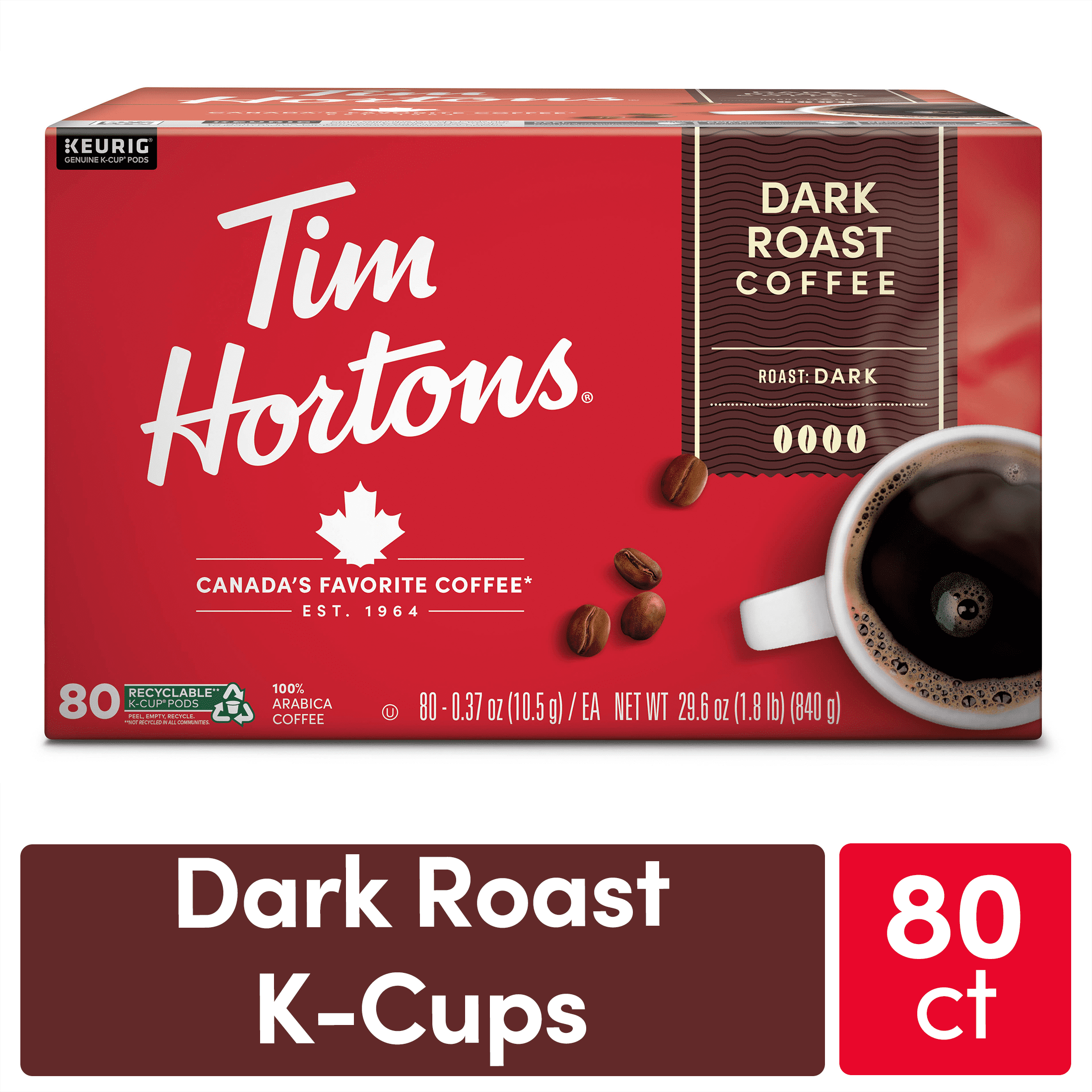 Tim Hortons Original Blend KCup Coffee Pods, Dark Roast, Recyclable, 80ct for Keurig Brewers