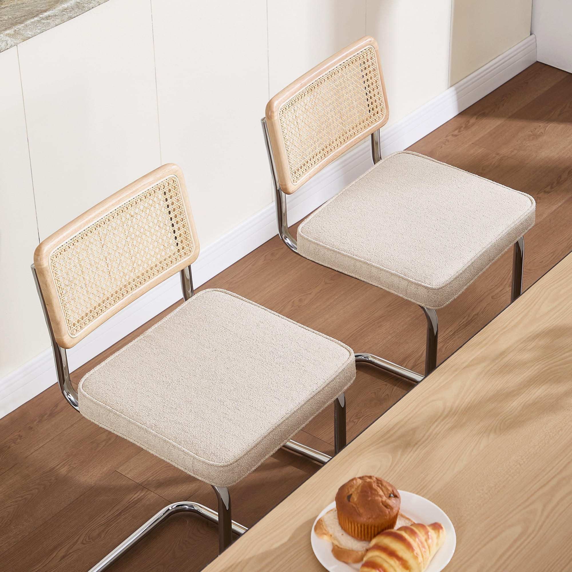 Zesthouse 26″ Rattan Bar Stools Set of 2, Linen Fabric Counter Height Chairs with Cane Back & Chrome Legs, Mid Century Cantilevered Design Barstools for Kitchen Island, Beige