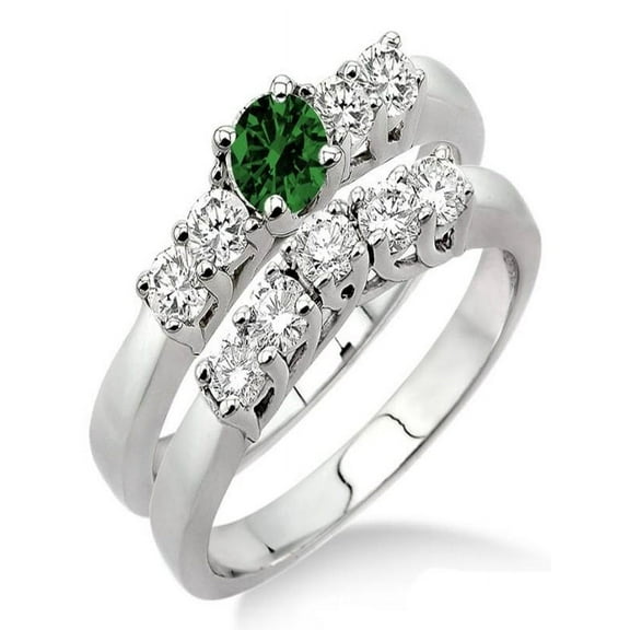 1.5 Carat Emerald & Diamond Five Stone Bridal Set on 10k White Gold