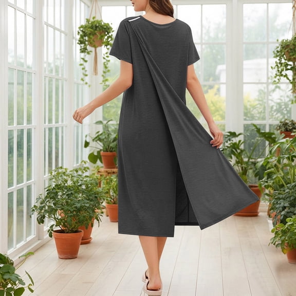 Women's Relaxed Fit Midi T-Shirt Dress Short Sleeve Crew Neck Lightweight Breathable Side Split Hem Casual Lounge Sleepwear House Dress Daily Wear